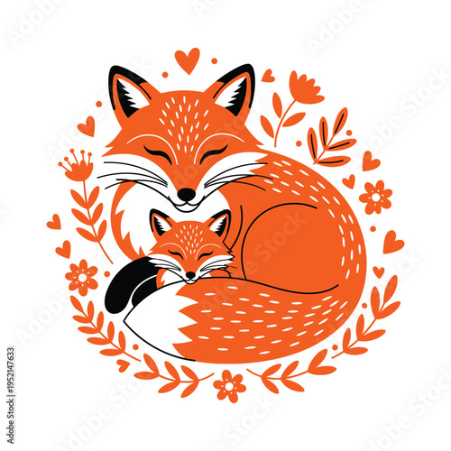 Heartwarming mothers day illustration of mother fox cuddling baby fox