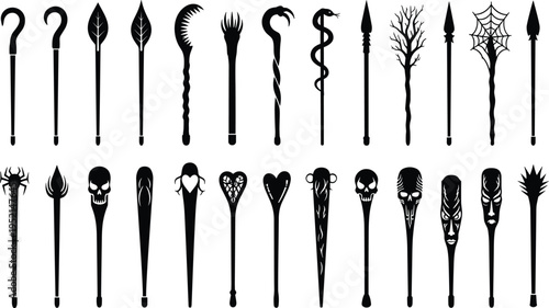 Fantasy Magic Staff Silhouette Vector Set with Wizard Scepters Tribal Totems Skull Wands and Shamanic Staffs for Game Design and RPG