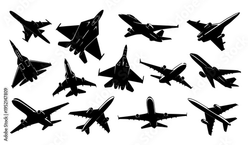 Fighter jet and airplane silhouettes vector set in top and perspective views military and commercial aircraft