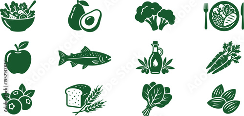 Professional Bakery and Pastry Icon Set Featuring Bread Loaf Baguette Croissant Cupcake Sprinkled Donut and Chef with Kitchen Tools Silhouettes