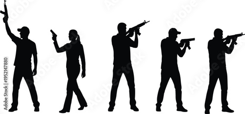 Military and Tactical Silhouette Set with Soldiers Holding Rifles Handguns and Assault Weapons for Action Games Security and Combat Background