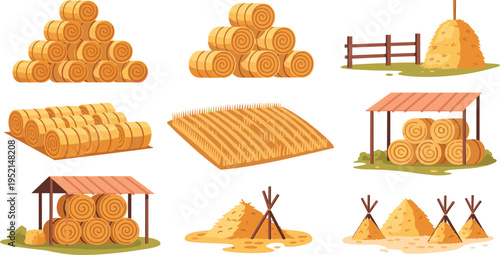 Hay Bale Storage and Straw Stack Collection with Barn Shelter, Harvest Field, and Rural Farming Elements Isolated Vector Illustration Set