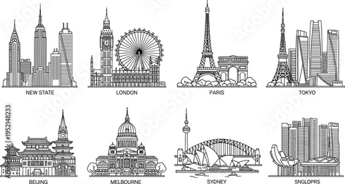 World City Skyline Landmarks Vector Set with London Paris Tokyo New York Sydney Beijing and Singapore Icons for Travel and Tourism