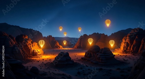 Balon Udara Bercahaya Terbang di Atas Ngarai Gurun pada Malam Hari yang Bertabur Bintang