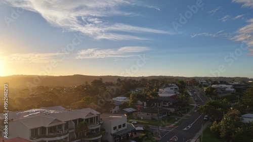 Aerial View of Warriewood Beach and Coastal Cliffs, Northern Beaches Sydney NSW Australia at Golden Hour