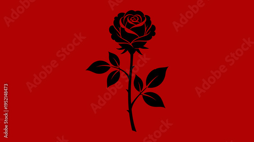 A single black rose silhouette against a solid red background, symbolic and elegant