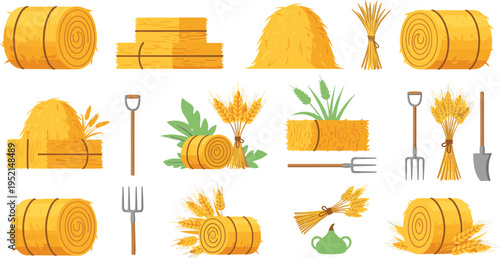 Hay Bale and Straw Bundle Collection with Farming Tools, Wheat Sheaves, and Rural Agriculture Elements Isolated Vector Illustration Set