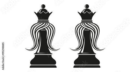Illustration of Black chess queen pieces with long hair and crown