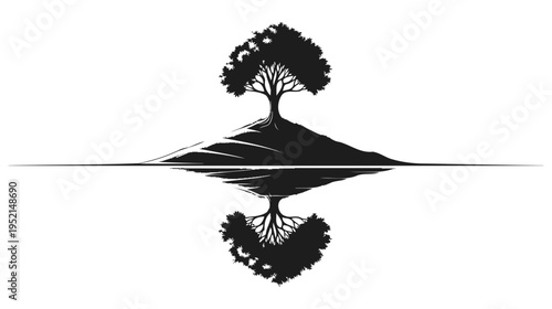Illustration of Tree reflected in water silhouette