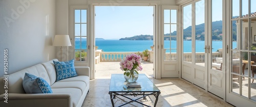 Luxurious Living Room with Ocean View and Terrace Access.