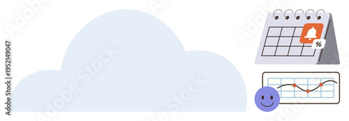 Cloud storage, productivity tools, task management, time organization, data analysis, notifications. Cloud with a calendar, a chart and a happy icon. Cloud storage and productivity tools concept
