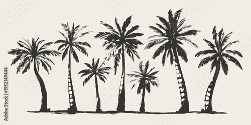 A monochrome sketch depicting a cluster of swaying palm trees
