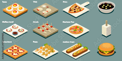 Isometric illustration showcasing various international foods and culinary delights
