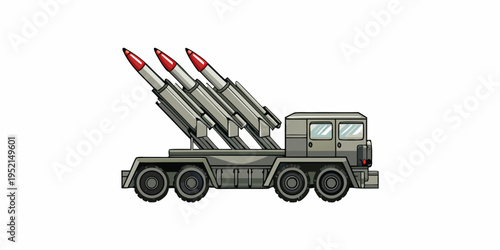 Cartoon illustration of a mobile rocket launcher on a military vehicle