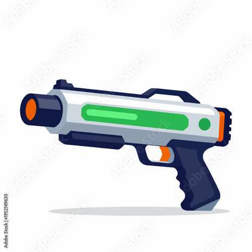 Futuristic sci-fi laser blaster toy gun in a flat vector illustration style, featuring a sleek metallic silver and navy blue design with neon green accents, isolated for gaming and tech concepts.