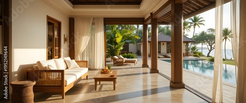Luxurious Tropical Villa Living Room with Pool and Ocean View.