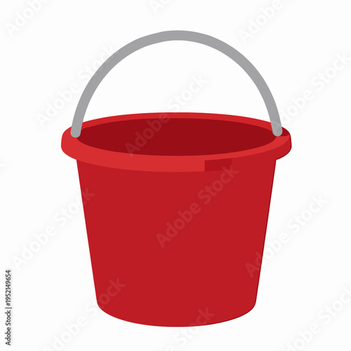 Single red plastic beach bucket vector illustration, minimalist flat icon of a sand pail with silver handle for summer vacation and childhood play concepts, isolated on white background