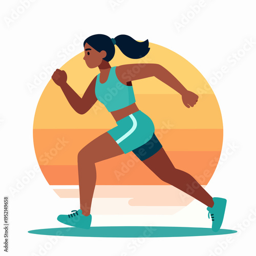 Flat vector illustration of a single young Black woman sprinter in mid-stride power pose, athletic concept, vibrant teal and orange sports clothing, running outdoors in morning light, energetic mood