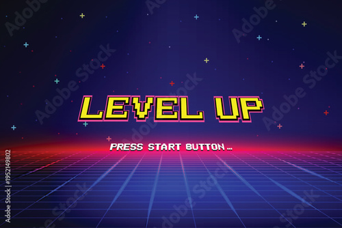 LEVEL UP icon pixel art. 8 bit game. Retro Futurism Sci-Fi Background. glowing neon grid. and stars from vintage arcade computer games
