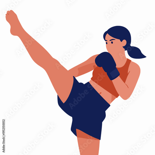A single young Asian woman practicing Muay Thai performing a high kick, isolated on white background, wearing athletic clothing, martial arts training concept, flat vector illustration style.