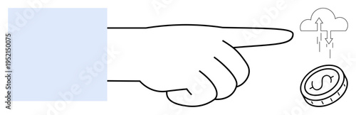 Digital transactions concept. A hand points toward a cloud and dollar symbol, digital transactions. Applicable to finance, cloud systems, e-commerce, fintech, and data exchange