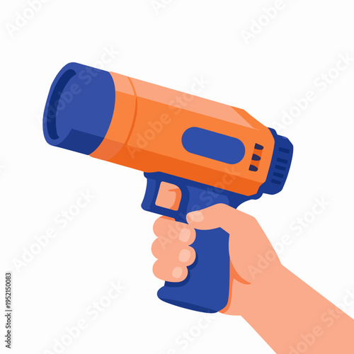 A close up of a young person's hand holding a modern blue and orange water gun blaster during a sunny summer day outdoors, representing fun childhood play and outdoor activities.
