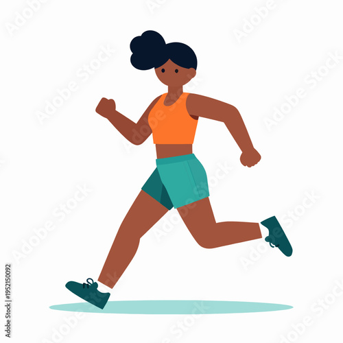 Single young African American woman athlete running, vibrant orange and teal flat vector illustration, minimalist fitness concept outdoors during morning, wearing modern athletic sportswear.