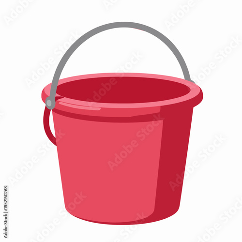 A single red plastic sand bucket with a pink rim and silver metal handle, isolated on a white background, perfect for summer beach concepts and childhood play themes, flat vector art style.