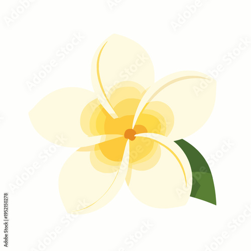 Minimalist flat vector illustration of a single white Frangipani flower with a yellow center and green leaf, isolated on white background, representing tropical wellness and Zen spa concepts.