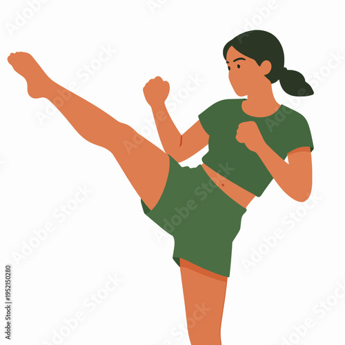 Strong Southeast Asian Woman Practicing Muay Thai Kick, Flat Vector Illustration of a Single Female Fighter in Athletic Pose, Fitness and Martial Arts Concept, Isolated on White Background