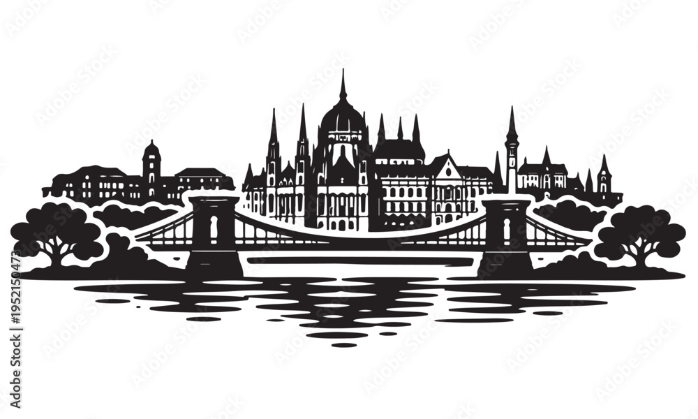 Naklejka premium Budapest Skyline Silhouette, Silhouette Vector, Isolated on White Background