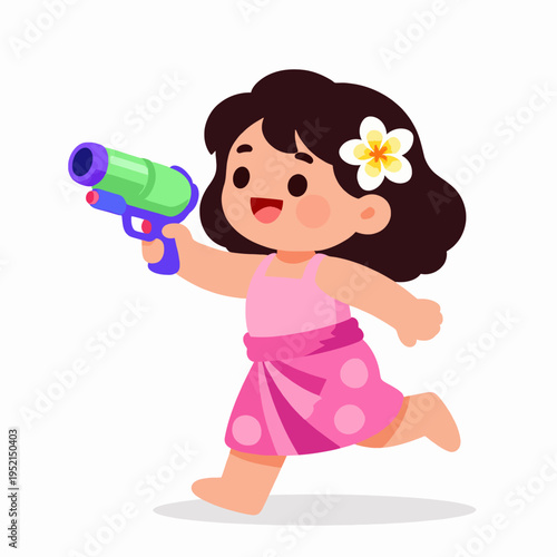 Obraz na plátne Happy Southeast Asian girl child playing with a colorful water gun during Songkran festival, wearing a traditional pink sarong and white top, flat vector illustration isolated on white