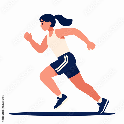 Flat vector illustration of a single East Asian female sprinter running in a dynamic pose, wearing a navy athletic tracksuit, symbolizing fitness and speed in a minimalist graphic style.