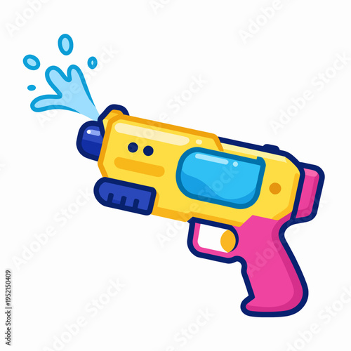 Excited Southeast Asian boy playing with a colorful plastic water gun during Songkran festival outdoors in the morning, wearing a bright floral shirt, celebrating Thai New Year, flat vector art.