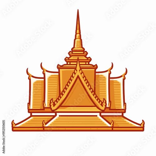 A single golden Thai temple roof, flat vector illustration of Southeast Asian architecture, minimalist Buddhist sanctuary element for Songkran festival, isolated on white background.