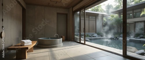 Luxurious Modern Bathroom with Bathtub and Large Window Overlooking Serene Outdoor Pool and Lush Greenery.