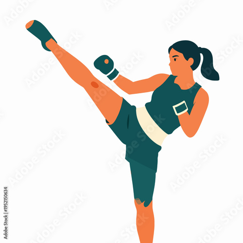Muay Thai female fighter performing a powerful high kick, Southeast Asian woman athlete in teal sportswear practicing kickboxing in a minimalist gym, focused and energetic mood, fitness concept