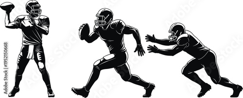 American football players silhouettes dynamic action illustration, quarterback throwing, runner carrying ball, defender blocking, black and white sports artwork