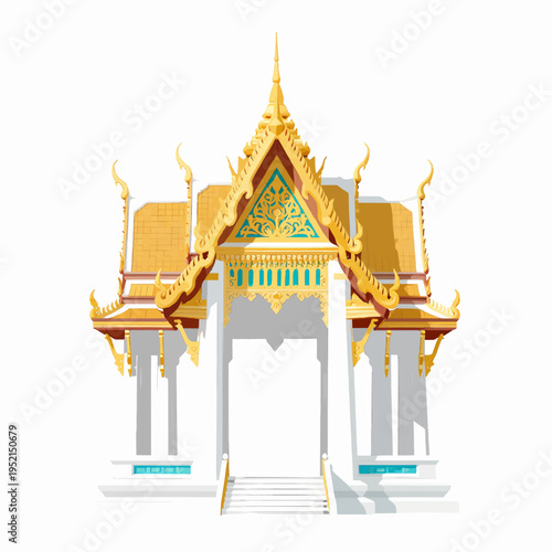 Flat vector illustration of a traditional white and gold Thai temple pavilion architecture isolated on a white background, Southeast Asian cultural landmark icon for travel and tourism concept