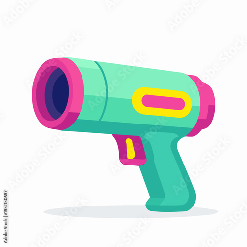 Vibrant Flat Vector Illustration of a Single Futuristic Water Blaster Toy for Summer Fun, Colorful Plastic Squirt Gun Icon with Teal and Magenta Accents Isolated on White Background for Kids Concept