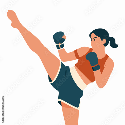 Muay Thai Female Fighter Kick. A single Southeast Asian woman practicing martial arts, performing a powerful high roundhouse kick in a gym setting, wearing athletic gear, showing strength and focus.