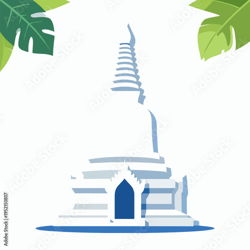 Minimalist flat vector illustration of a single white Thai Buddhist stupa chedi, southeast asian religious architecture symbol for Songkran festival, isolated on white background.