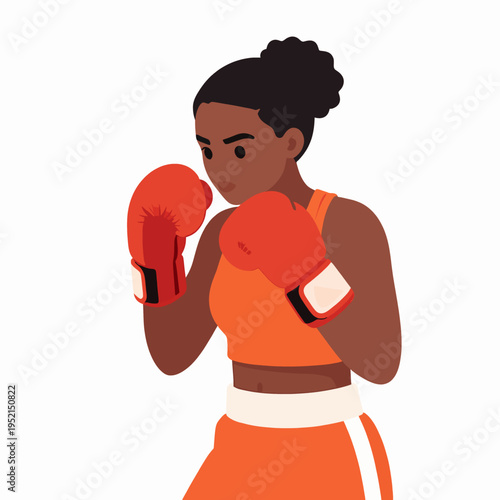 Flat vector illustration of a single Black woman boxer in a professional fighting stance wearing red gloves, practicing fitness and martial arts in a minimalist studio gym setting, determined mood