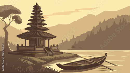 Traditional Balinese Water Temple Structure Landscape Sepia Tone Historical Island Serenity bali skyline vector