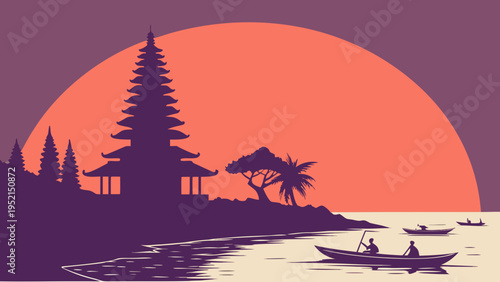 Tropical Temple Silhouette Against Large Setting Sun with Small Boats on Water Travel Scene bali skyline vector