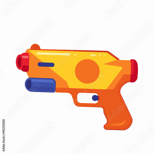 Vibrant flat vector illustration of a single plastic water gun blaster for the Thai Songkran festival, featuring bold orange and yellow colors, isolated on white background for summer fun