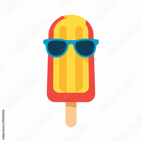 Happy anthropomorphic popsicle character wearing stylish blue sunglasses, vibrant summer treat illustration on a bright day