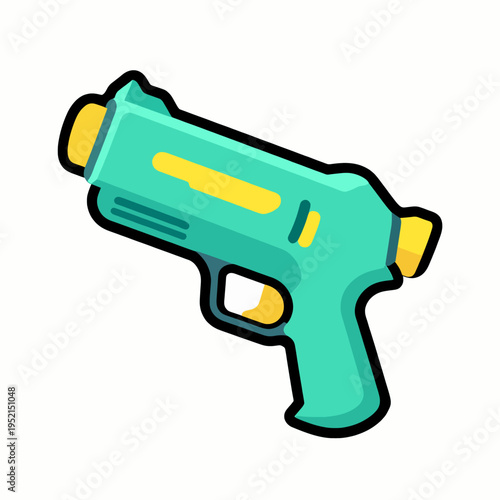 Flat vector illustration of a single colorful plastic squirt gun for summer pool parties and outdoor fun, minimalist toy water blaster icon isolated on white, childhood play and recreation concept.