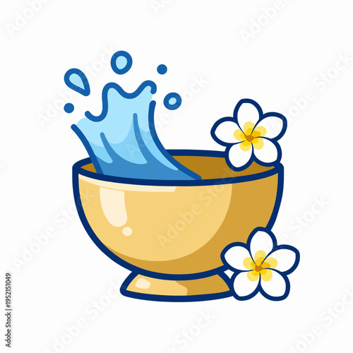 Traditional Thai golden water bowl with dynamic blue water splash and white frangipani flower, Southeast Asian Songkran festival celebration, cultural holiday concept, isolated on white background.