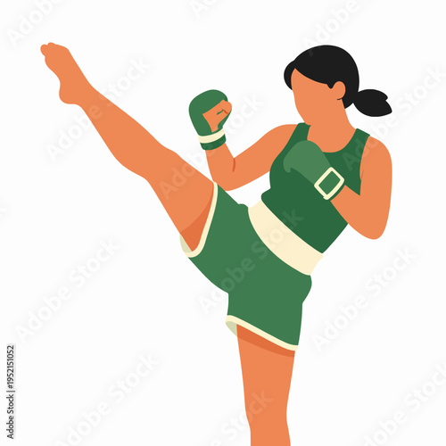 Flat vector illustration of a young Southeast Asian woman Muay Thai fighter performing a high kick, minimalist martial arts concept, isolated on white background, fitness and combat sports theme
